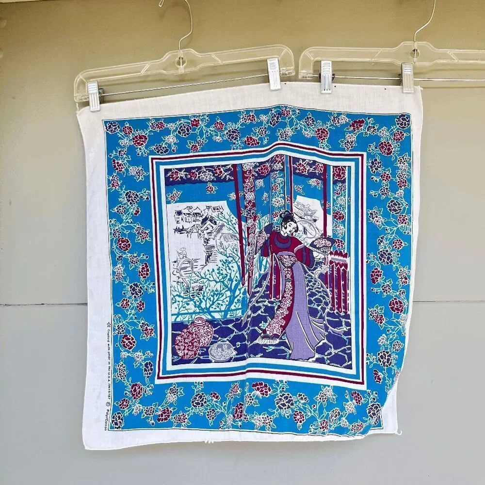 Vintage 80s Asian-Inspired Floral Poly Cotton Handkerchief Scarf USA